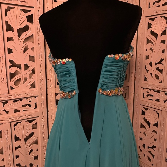 BLUSH PROM JAZZY JEWELS TURQUOISE GREEN STRAPLESS MAXI FORMAL PROM DRESS GOWN - Picture 8 of 11
